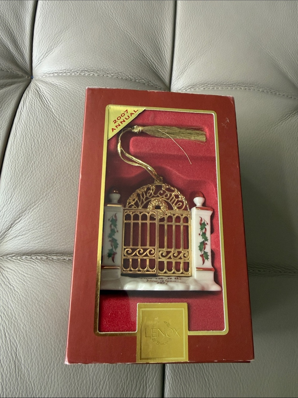 Lenox 2007 Gold and White Holiday Gate Ornament with Holly Pillars *